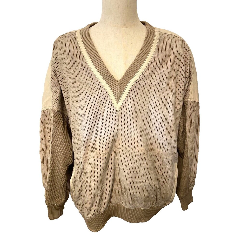 Vintage TORRAS Suede Leather Sweater Men's 46 Beige Cream V-Neck Pullover SPAIN
